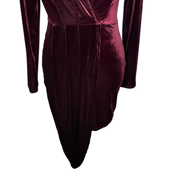 Shinestar Gold Velvet Long Sleeve V Neck Faux Wrap Dress Plum Hi Low Hem Size M - Picture 14 of 14